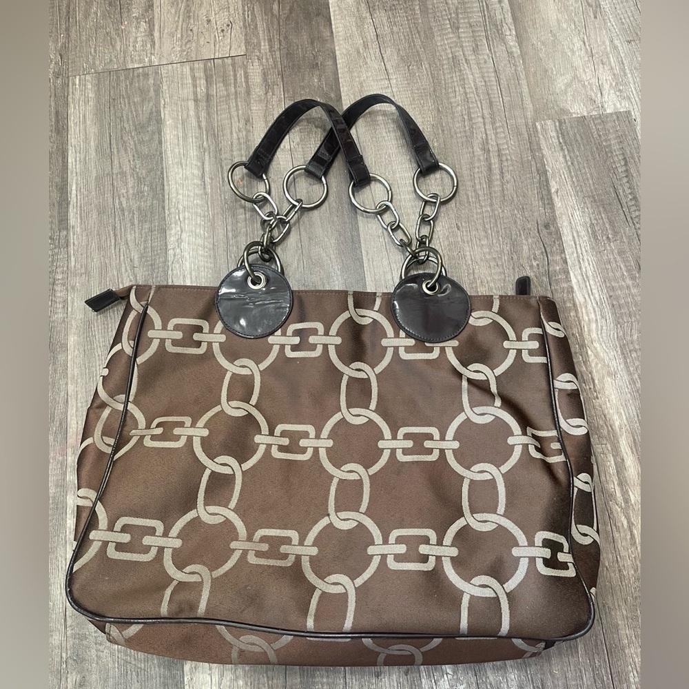 Brown monogram chain link tote bag luxury style